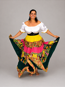 Saia Longa Cigana Modelo Patchwork com 12 metros de roda Amarelo
