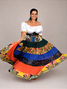Saia Longa Cigana Modelo Patchwork com 12 metros de roda Laranja