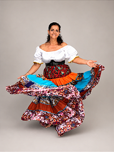 Saia Longa Cigana Modelo Patchwork com 12 metros de roda Azul Claro