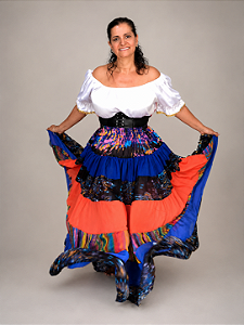 Saia Longa Cigana Modelo Patchwork com 12 metros de roda Azul