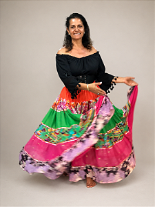 Saia Longa Cigana Modelo Patchwork com 12 metros de roda Laranja
