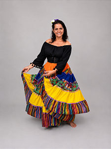 Saia Longa Cigana Modelo Patchwork com 12 metros de roda Amarela