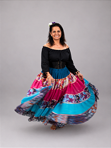Saia Longa Cigana Modelo Patchwork com 12 metros de roda Azul