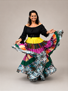 Saia Longa Cigana Modelo Patchwork com 12 metros de roda Amarelo