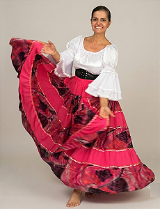 Saia Longa Cigana Modelo Patchwork com 12 metros de roda Rosa