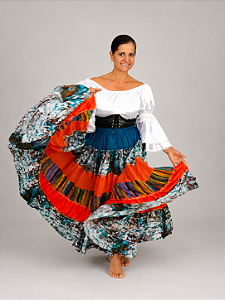 Saia Longa Cigana Modelo Patchwork com 12 metros de roda Laranja