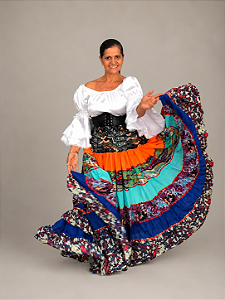 Saia Longa Cigana Modelo Patchwork com 12 metros de roda Azul e Laranja