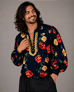 Camisa Cigana Cowboy Moda Luxo Estampada Azul Marinho