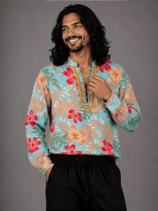 Camisa Cigana Cowboy Moda Luxo Estampada Azul Celeste