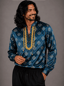 Camisa Cigana Cowboy Moda Luxo Estampada Azul Pétroleo