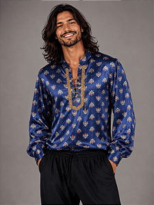 Camisa Cigana Cowboy Moda Luxo Estampada Azul