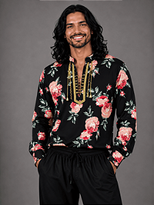 Camisa Cigana Moda Luxo Estampada Preto