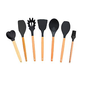 Kit 7 Utensílios Culinários Cabo Madeira Ponta em Silicone