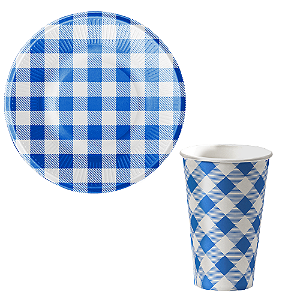 Kit Festa Junina com Prato e Copo Descartável de Papel Quadriculado Azul