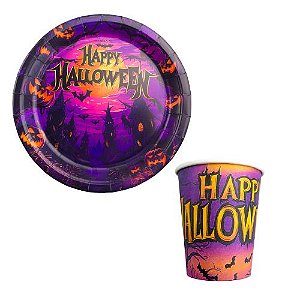 Kit Festa Halloween com Prato e Copo Descartável Papel Tema Castelo