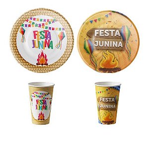 Kit Festa Junina Temático para 20 Convidados Prato e Copo Descartável de Papel