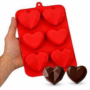 Forma Silicone Coração Lapidado Diamante e Liso 6 Cavidades - Frete Grátis