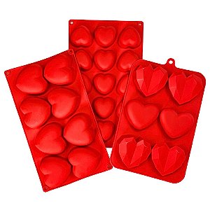Kit 3 Formas de Silicone Coração Lapidado Liso para Chocolate e Doces Gourmet