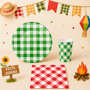 Kit Festa Junina Misto para 60 Convidados Pratos Copos Guardanapos Papel