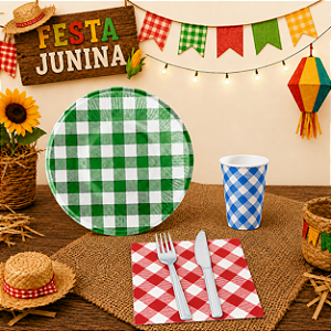 Kit Festa Junina para 20 Convidados Pratos Copos Guardanapos Papel Talheres
