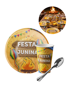 KIT 20 Convidados Pratos Copos Colher 14cm Papel Festa Junina