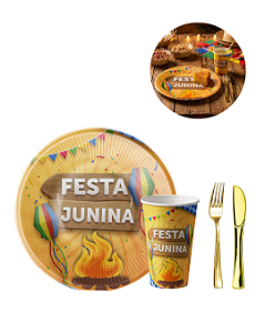 KIT 10 Convidados Pratos Copos Papel Festa Junina Garfo Faca Refeição Plástico