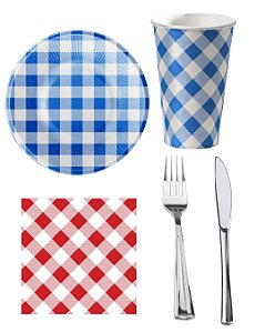 Kit 20 Convidados Garfo Faca Refeição Plástico Pratos Copos Guardanapos Misto Festa Junina Papel