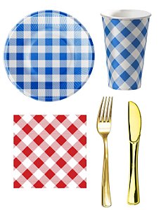 Kit 20 Convidados Garfo Faca Refeição Plástico Pratos Copos Guardanapos Misto Festa Junina Papel