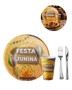 KIT 20 Convidados Pratos Copos Papel Garfo Faca Refeição Plástico Festa Junina