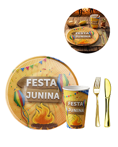 KIT 20 Convidados Pratos Copos Papel Garfo Faca Refeição Plástico Festa Junina