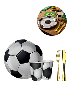 KIT 10 Pratos Copos Bola Futebol Papel Garfo Faca Refeição Plástico Festa Decoração