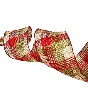 Fita Natalina Aramada de Linho Xadrez - Vermelho, Verde e Branco