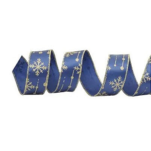 Fita Decorativa Aramada Azul com Flocos de Neve Dourado