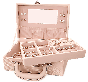 Maleta Porta Jóias com Espelho 2 Níveis 15 Compartimentos 9,5x24x16,5 Veludo