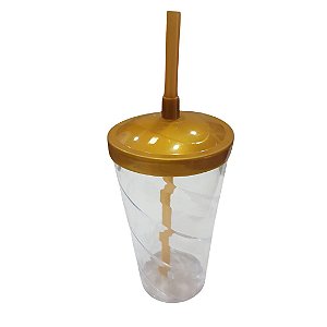 Copo Twister 500ml Transparente com tampa e canudo Dourado
