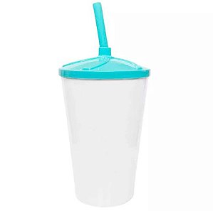 Copo Twister 500ml Branco com tampa e canudo Azul Claro