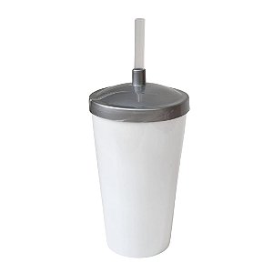 Copo Twister 500ml Branco com tampa e canudo Cinza