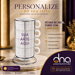 Torre de 4 Xícaras Personalizadas Brancas 150ml - Sua Arte Aqui