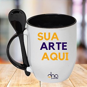 Caneca Personalizada Cônica com Colher Preta "Sua Arte Aqui"
