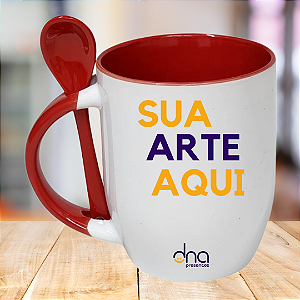 Caneca Personalizada Cônica com Colher Vermelha "Sua Arte Aqui"