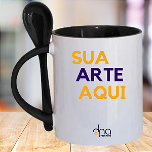 Caneca Personalizada Reta com Colher Preta "Sua Arte Aqui"