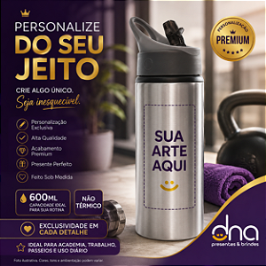 Squeeze Garrafa Sport Bico Retrátil 600ml - Prata - Sua Arte Aqui