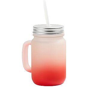 Caneca de Vidro Jateada Vermelha 350ml Vintage Com Tampa e Canudo