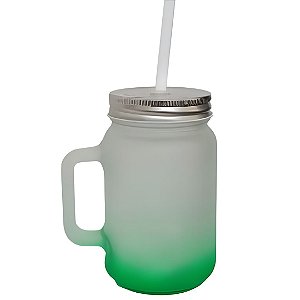 Caneca de Vidro Jateada Verde 350ml Vintage Com Tampa e Canudo