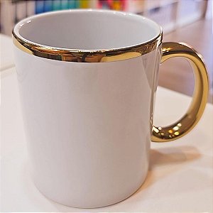 Caneca Cerâmica 325ml Alça e Borda Dourada Live