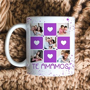 Caneca Personalizada 5 fotos Te Amamos cor roxa