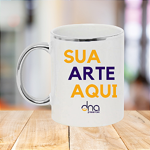Caneca Personalizada Branca com Alça e Borda Prata Metalizada "Sua Arte Aqui"