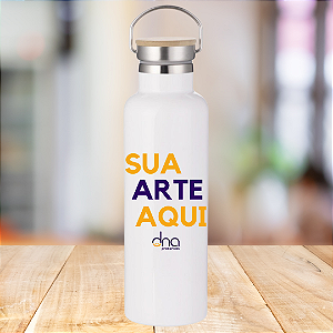 Garrafa Térmica de Aço Inox com Tampa de Bambu 500ml Personalizada "Sua Arte Aqui"