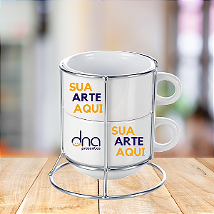 Torre de 2 Xícaras Personalizadas Brancas 150ml "Sua Arte Aqui"