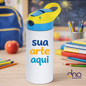 Garrafa Kids Alumínio Tampa Amarela e Azul Claro 500ml - Sua Arte Aqui